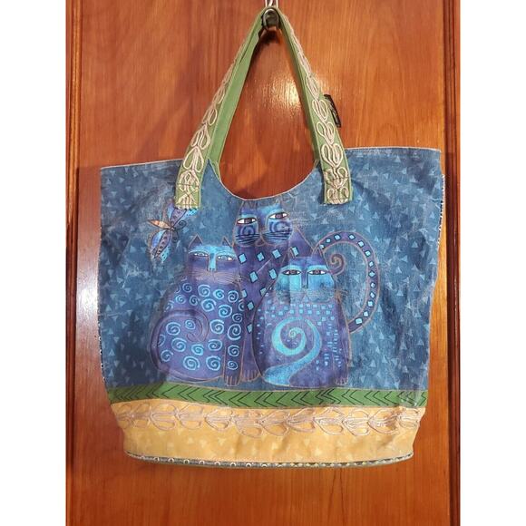 Laurel Burch Medium Csnvas Double Strap Embroidered Cats Graphic Tote Bag - Picture 2 of 13